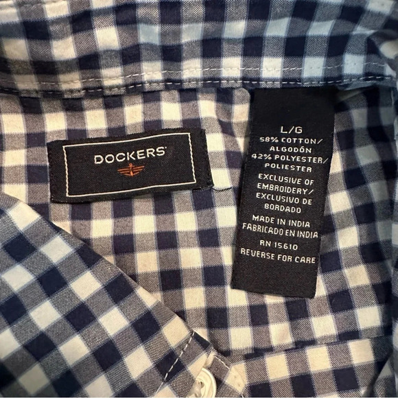 Dockers Size L Mens Button Down Shirt Pocket Long Sleeve Gingham Blue White - Picture 5 of 8